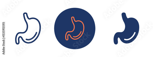 set of colored pixel perfect Stomach icon 3, 1 silhouette, 1 unexpanded, Stomach pain icon indicating gastrointestinal symptoms.