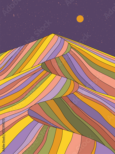 Geometric striped mountains. Wavy colorful landscape. 1960s retro poster