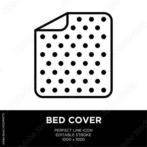 Editable stroke line icon of bed cover, blanket or comforter isolated on transparent background vector illustration