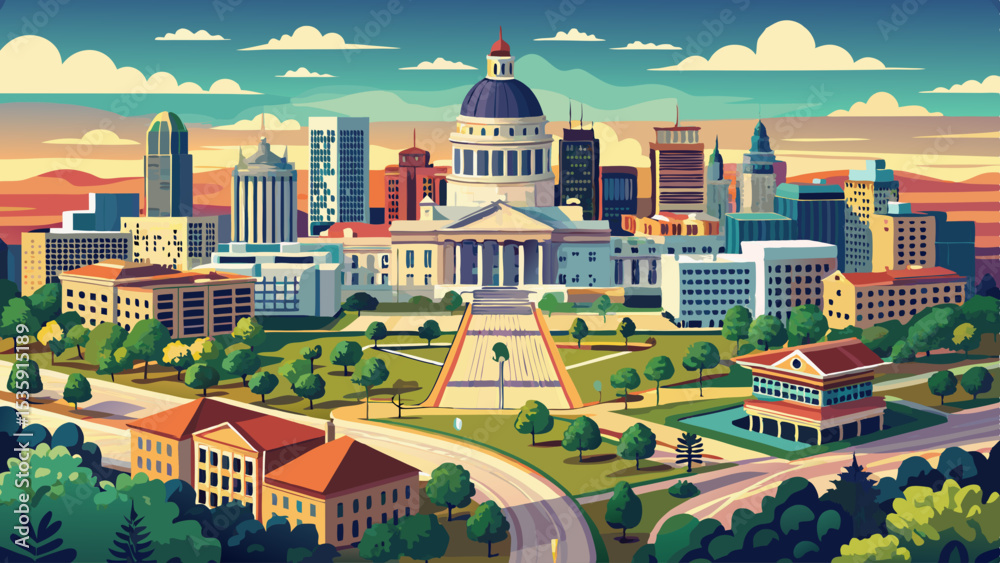 Fototapeta premium Aerial panorama of Topeka and Kansas State Capitol. Topeka is the capital city of the U.S. state of Kansas and the county seat of Shawnee County. Very beautiful