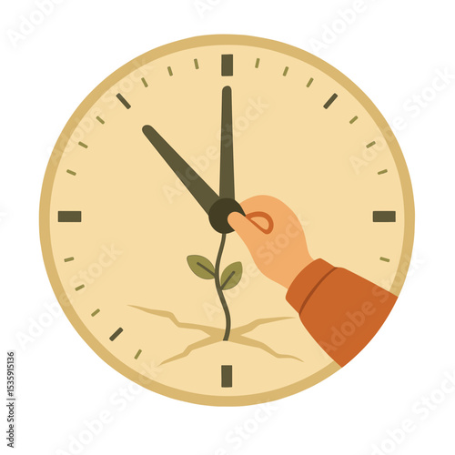 Hand adjusting clock hands with a sprout in the center for World Disarmament Day  