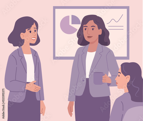 Three businesswomen in conversation in a modern office, with charts in the background. Flat vector style, pastel tones, team collaboration and professional leadership concept.