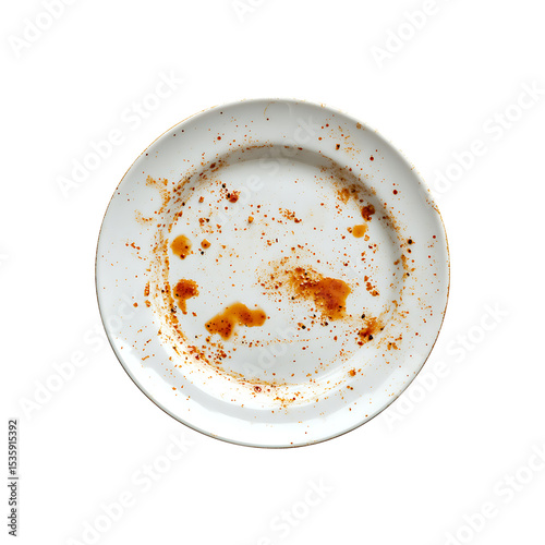 Dirty White Plate with Greasy Smears and Sauce Residue Isolated on Transparent Background, png