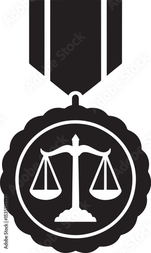 A black and white illustration of a law scales medal indicating justice and fairness