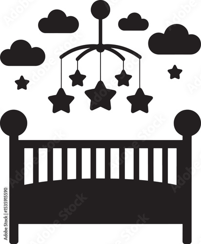 Baby crib mobile with stars and clouds silhouette vector illustration design element