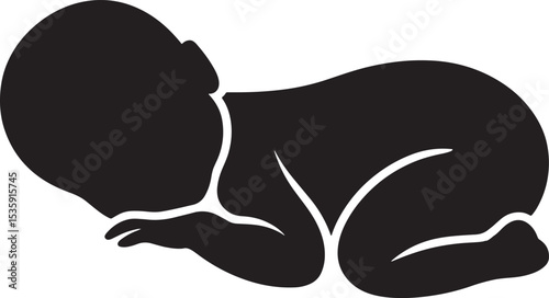 Black and white silhouette of a newborn baby in a fetal position resting on a side