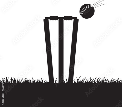 Cricket game illustration with wickets ball and grass in vector black and white