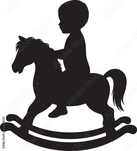Silhouette illustration of a young child enjoying playtime on a rocking horse toy