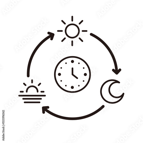 太陽と月と時計で表現された1日のサイクルのアイコンイラスト
