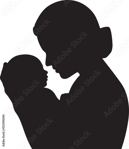 Silhouette of a mother and newborn baby sharing a loving moment in black and white