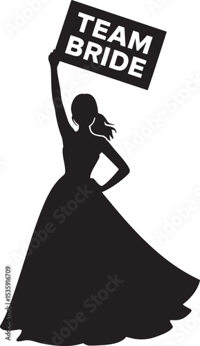 Silhouette of a woman holding a team bride sign in a black and white illustration