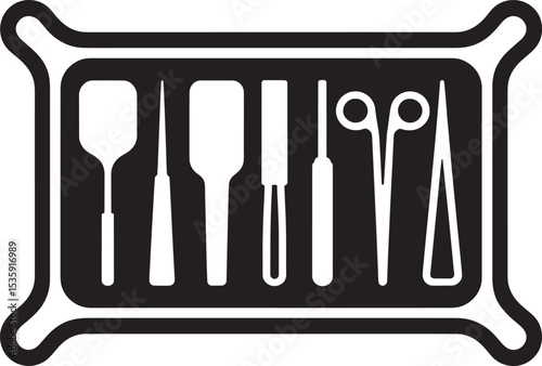 Surgical tools tray vector illustration in simple black and white design for medical usage