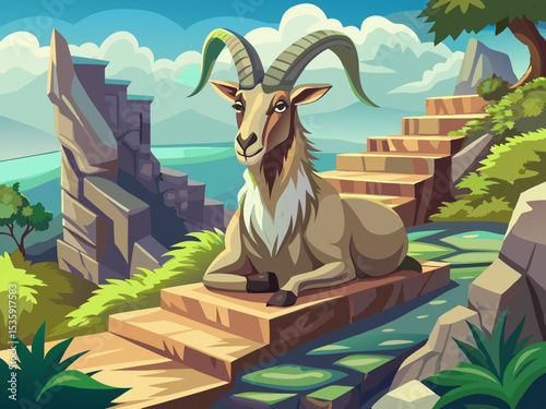 vector of Wild goat native to Central Asia, sitting on stone steps.