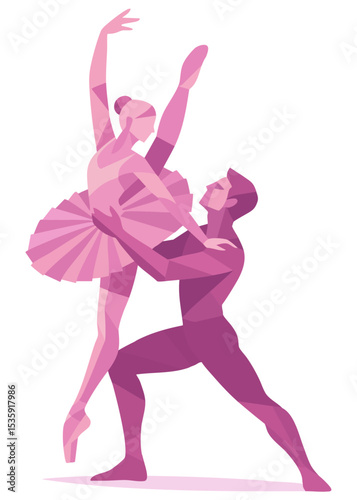 Ballet couple vector illustration. Romantic ballet dancers in dynamic pose. Ballerina in tutu and ballet shoe