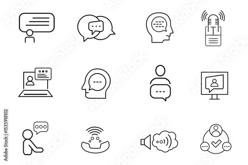 Speaking line icon set. Communication, discussion, speech bubble, talking, consultation, chat, dialog, man and conversation icons. Editable vector illustration