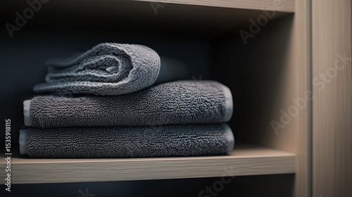 Neatly folded gray gym towels on shelf in minimal background