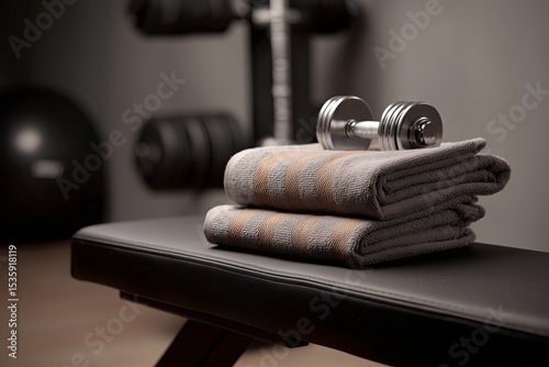 Dumbbells on bench with folded towels in soft gym lighting