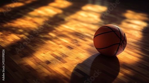 Deflated basketball on court with textured floor and warm lighting  