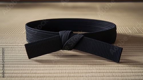 Taekwondo black belt neatly placed on training mat with soft shadows  