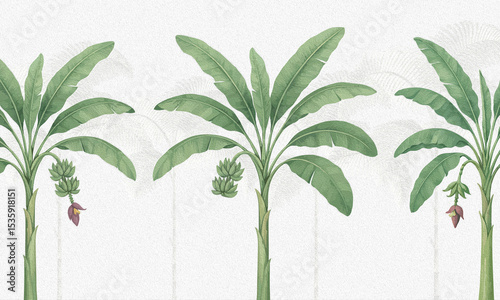 Lush Tropical Plant Mural: Botanical Banana Trees with Green Foliage Print