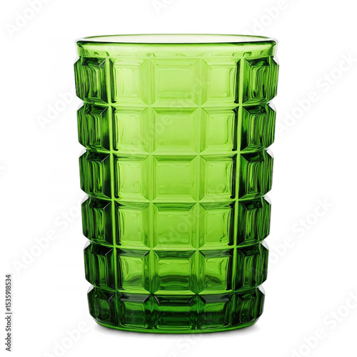 Green glass beaker on white background