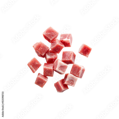 Artisan Pancetta Bacon Cubes Suspended Mid-Air, Featuring Distinct Layers of Meat and Fat,  Isolated on Transparent Background, png