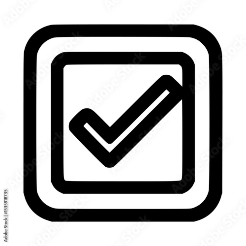 A black and white icon depicting a checkmark inside a square, framed.