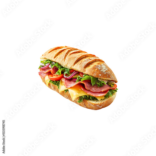 Hearty Whole Grain Sandwich with Fresh Veggies and Ham Isolated on Transparent Background,png
