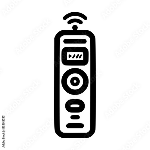 A minimalist black and white line drawing of a remote control with buttons and a signal icon.