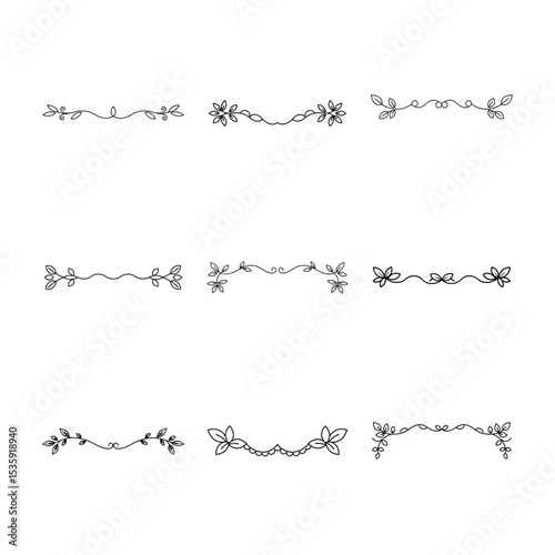 Collection of Nine Hand Drawn Floral and Botanical Dividers