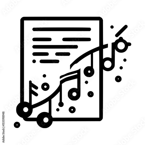 Musical score sheet with notes flowing from the page, symbolizing musical composition or sheet music.