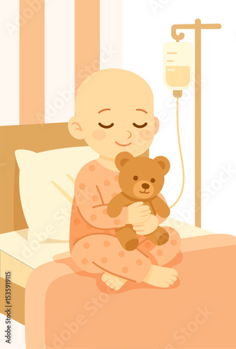 young girl in a hospital bed receiving an IV drip, holding a teddy bear close, Cancer