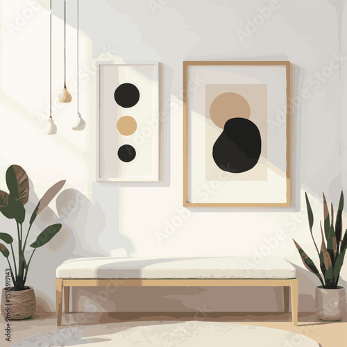 A sophisticated vector illustration capturing modern interior design elements of living rooms, kitchens, and bathrooms—showcasing luxury furniture, contemporary style, and cozy home decoration ideas f