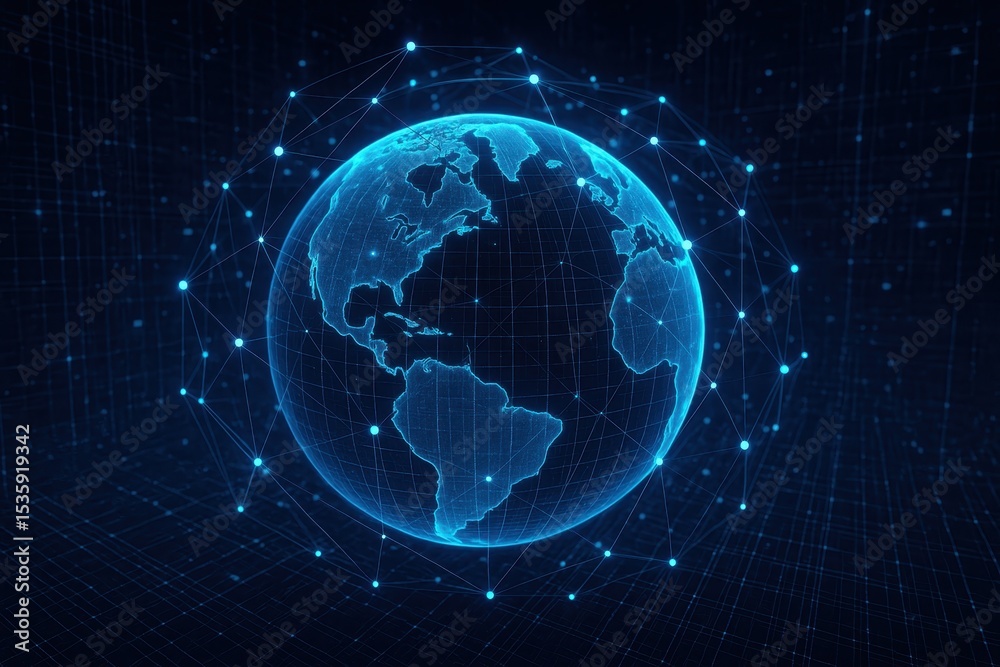 Fototapeta premium Global Network Connectivity Visualization With Digital Grid And Connected Nodes Around Earth Representing Internet Technology