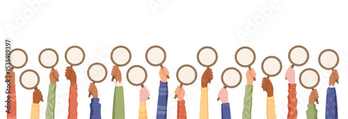 Cartoon hands hold feedback signs in a modern style. Colorful arms lift blank survey templates for customer review and opinion sharing. Communication and satisfaction concept, isolated banner, useful