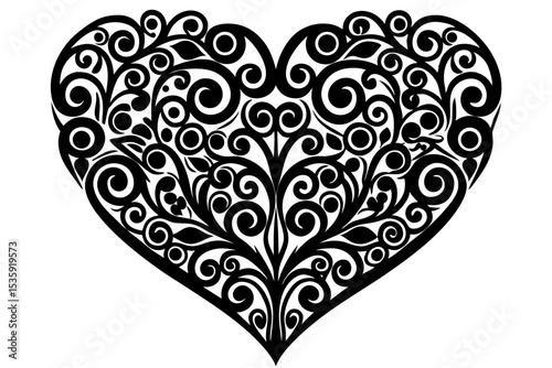 Black and White Ornate Heart Shape Filled with Intricate Swirls and Floral Motifs