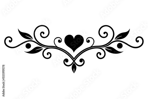 Black Floral Heart Symmetrical Flourish Design Element