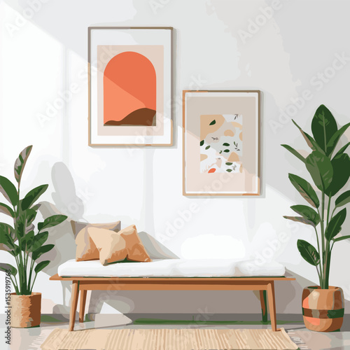 A sophisticated vector illustration capturing modern interior design elements of living rooms, kitchens, and bathrooms—showcasing luxury furniture, contemporary style, and cozy home decoration ideas f