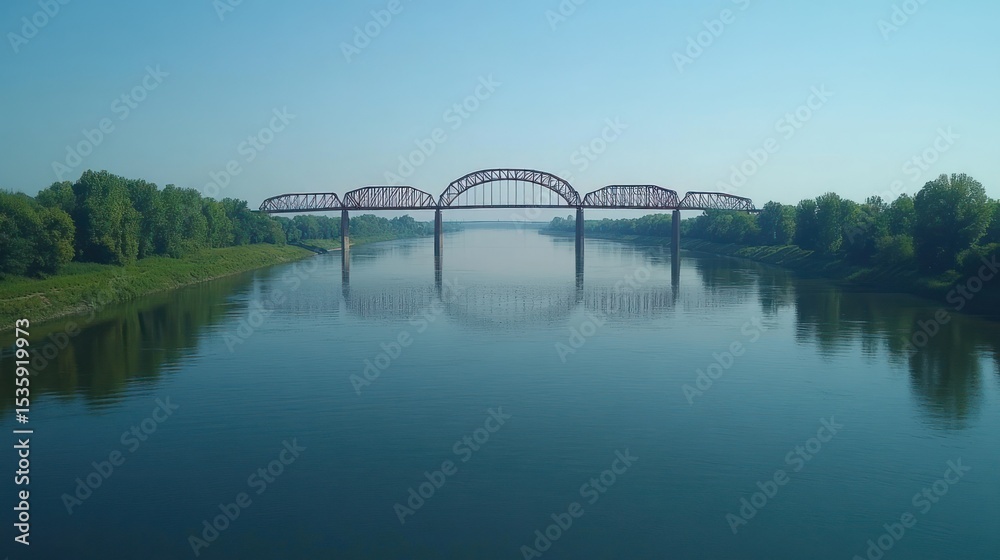 Obraz premium Steel bridge spans calm river, mirrored in water