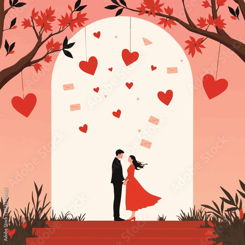 A charming vector illustration of a loving couple in silhouette with romantic Valentine’s Day elements—perfect for wedding cards, love-themed designs, celebrations, and heartfelt artistic projects.

