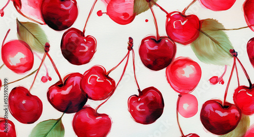 Watercolor cherry print pattern, simple background. Cherry print,  watercolor background, paper texture, hand drawn print.