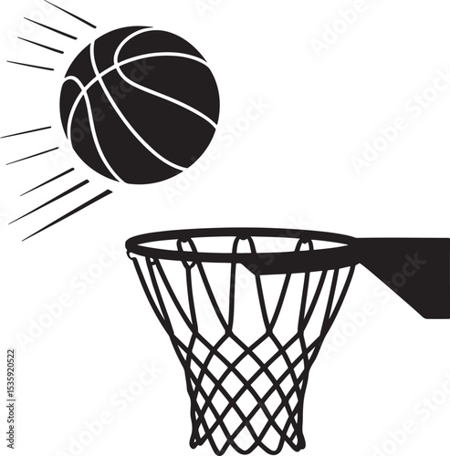 Basketball going into the hoop black and white illustration for sports theme and concepts