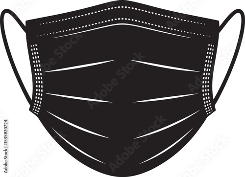 Black and white silhouette of a protective medical face mask isolated on white background