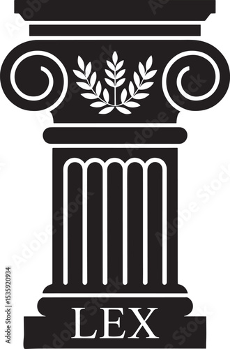 Elegant black and white column with laurel wreath and lex for law concepts
