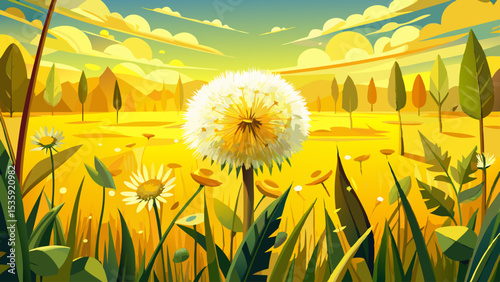 white dandelion in a yellow dandelion field, abstract ai-art, panorama background banner  Very beautiful