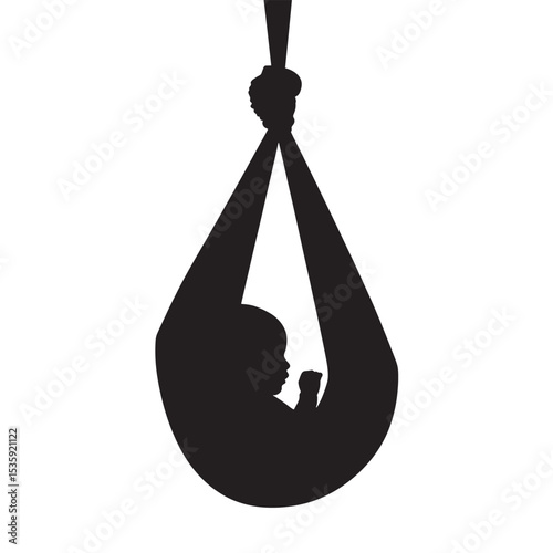 Minimalist silhouette of a newborn baby comfortably secured in a hanging sling
