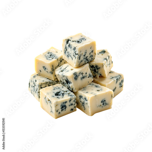 Cubes of Blue Veined Cheese Moldy Texture isolated on transparent background, PNG