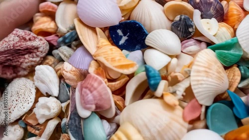 Assortment of vibrant seashells creating a colorful and textural backdrop for seaside themes, ocean life, and summer concepts