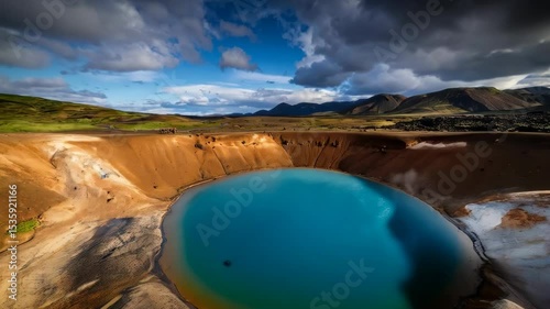 Beautiful volcanic crater with bright turquoise water in a geothermal area in Iceland on a partly cloudy day.