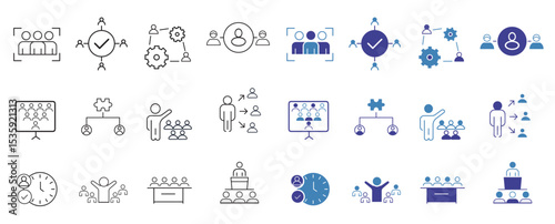 Team line and solid icon set. Business team building, Work group, cooperation, coaching, problem solving, education and collaboration icons. UI icons set. Editable vector illustration